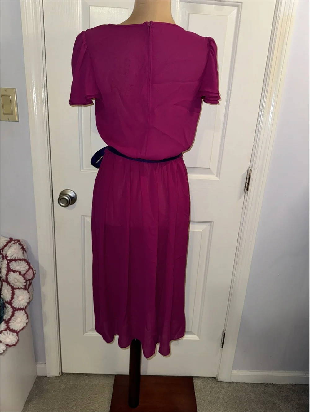 Vintage 80s Fushia Chiffon Boho Secretary Light Sheer Midi Dress size 6/8